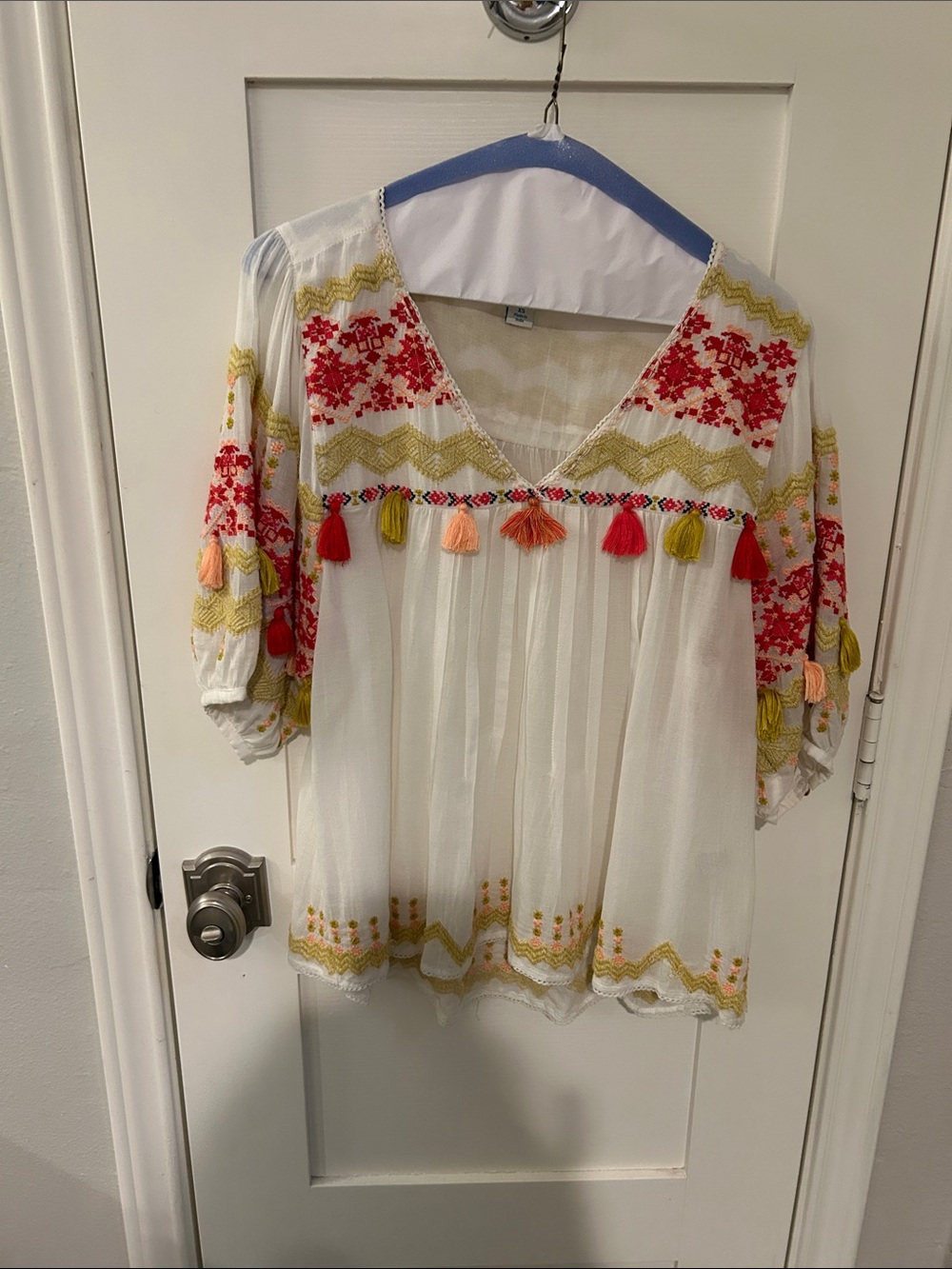 Sundance White Peasant Tunic with Red & Yellow Embroidery